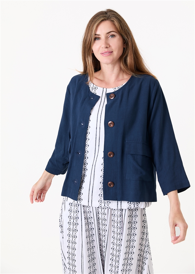 Linen Viscose Boxy Round Neck Two Pocket Jacket