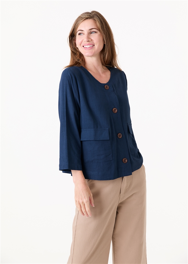 Linen Viscose Boxy Round Neck Two Pocket Jacket