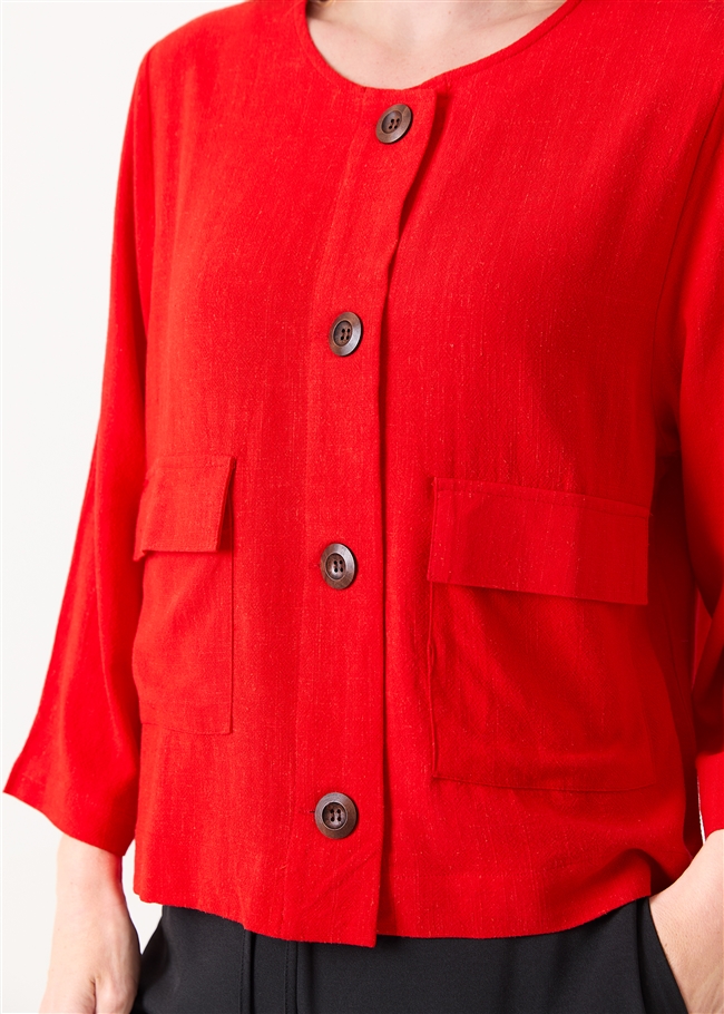 Linen Viscose Boxy Round Neck Two Pocket Jacket