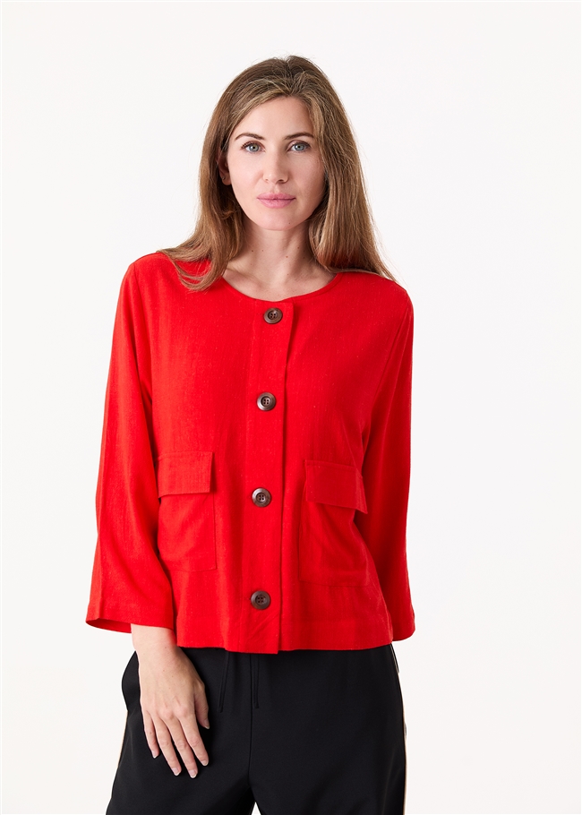 Linen Viscose Boxy Round Neck Two Pocket Jacket
