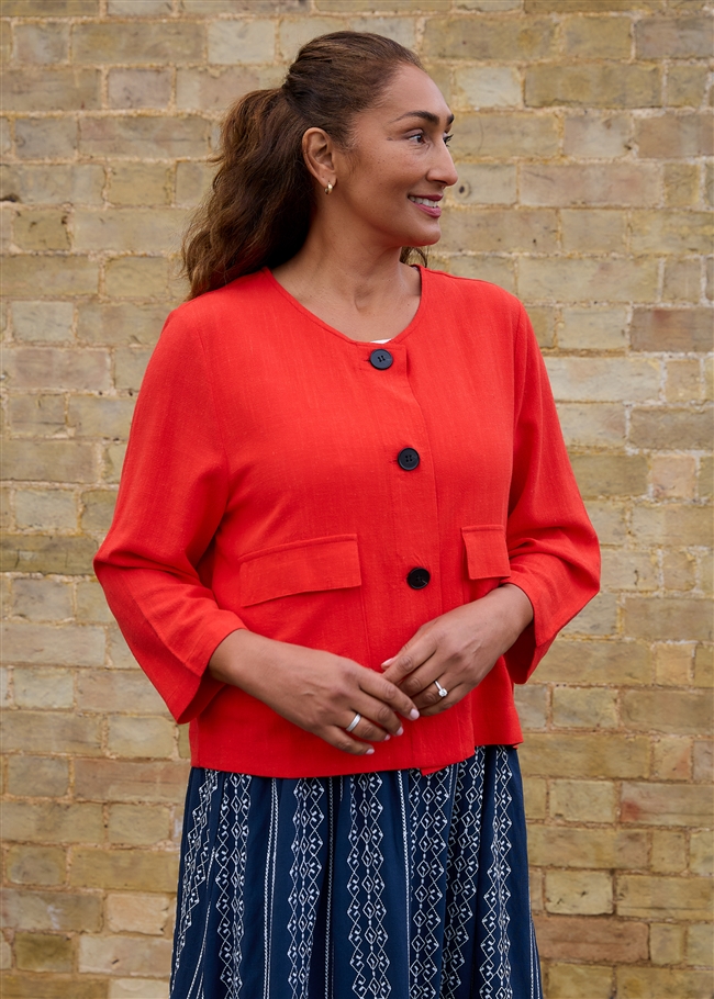 Linen Viscose Boxy Round Neck Two Pocket Jacket