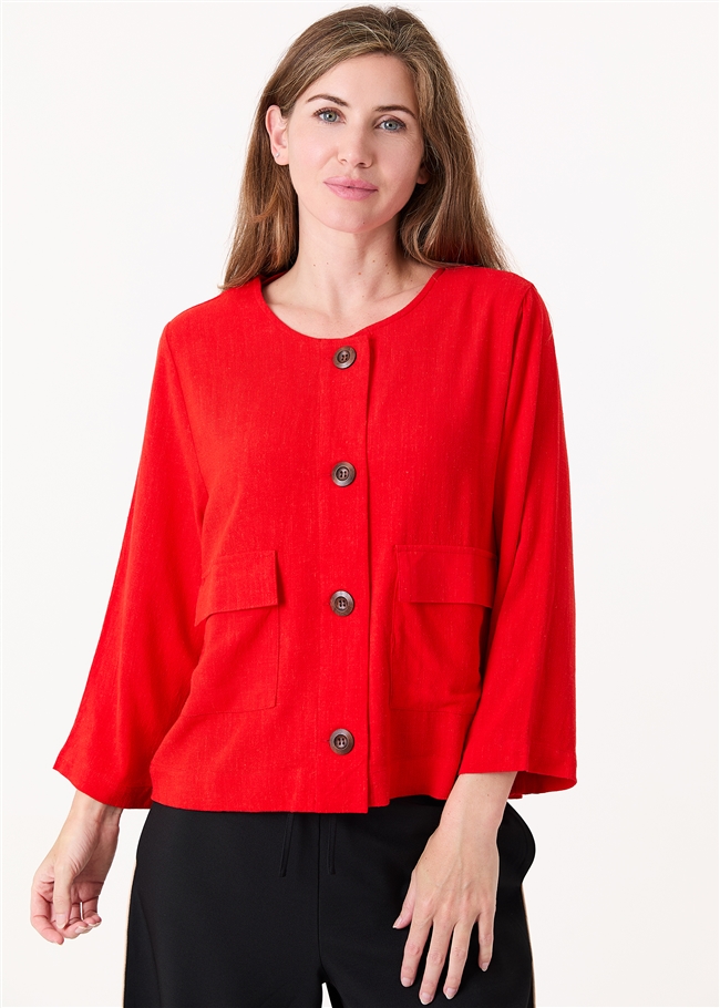 Linen Viscose Boxy Round Neck Two Pocket Jacket