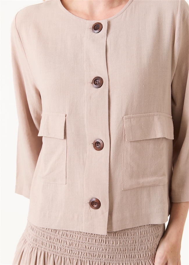 Linen Viscose Boxy Round Neck Two Pocket Jacket