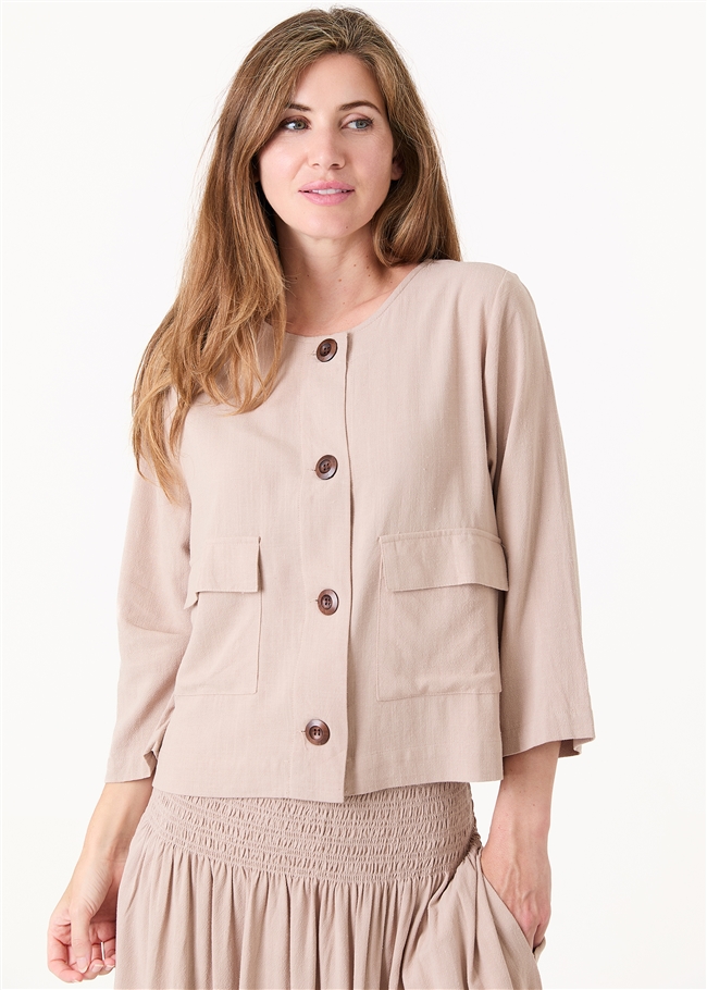 Linen Viscose Boxy Round Neck Two Pocket Jacket