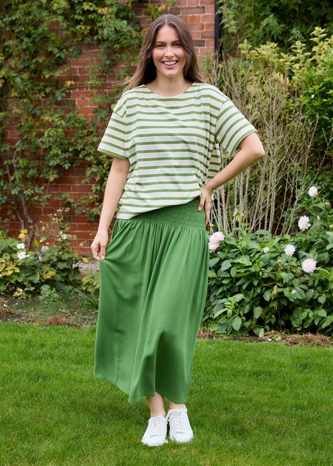 Linen Viscose Shirred Waist A-Line Maxi Skirt