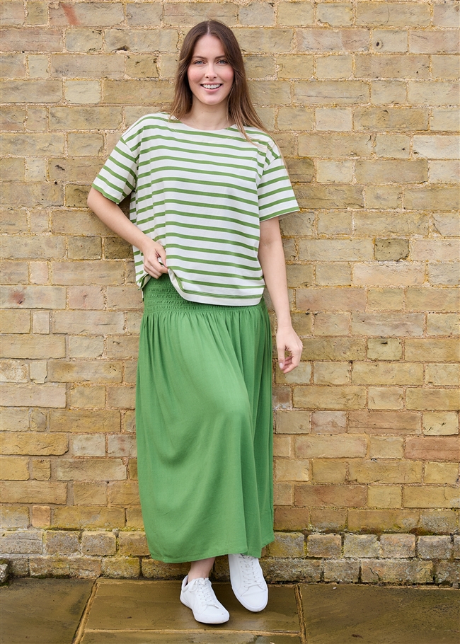 Linen Viscose Shirred Waist A-Line Maxi Skirt