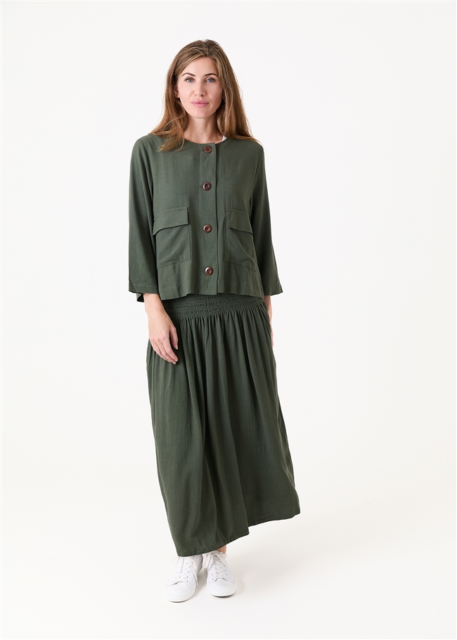 Linen Viscose Shirred Waist A-Line Maxi Skirt