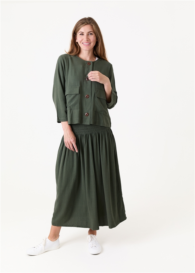 Linen Viscose Shirred Waist A-Line Maxi Skirt