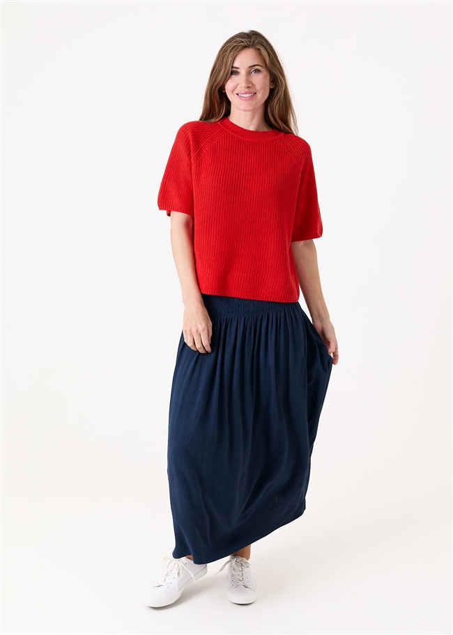 Linen Viscose Shirred Waist A-Line Maxi Skirt