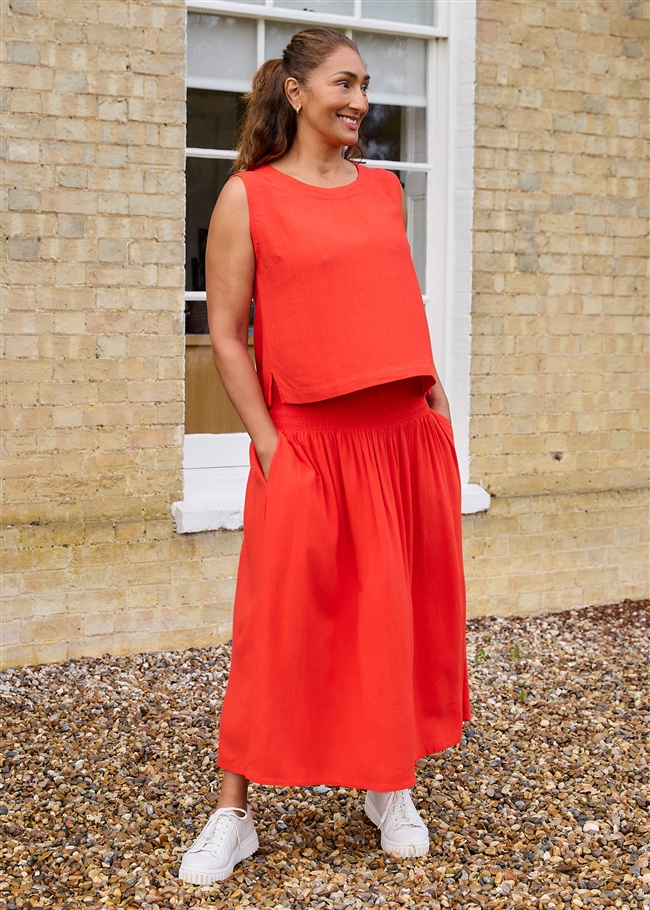 Linen Viscose Shirred Waist A-Line Maxi Skirt