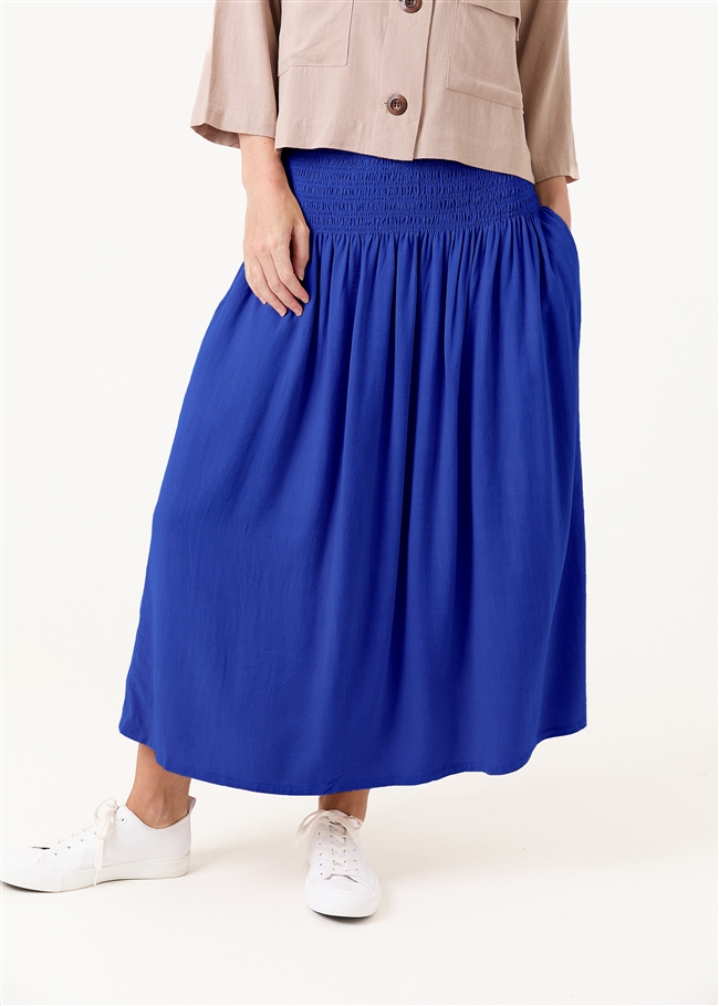 Linen Viscose Shirred Waist A-Line Maxi Skirt - Royal Blue - front view