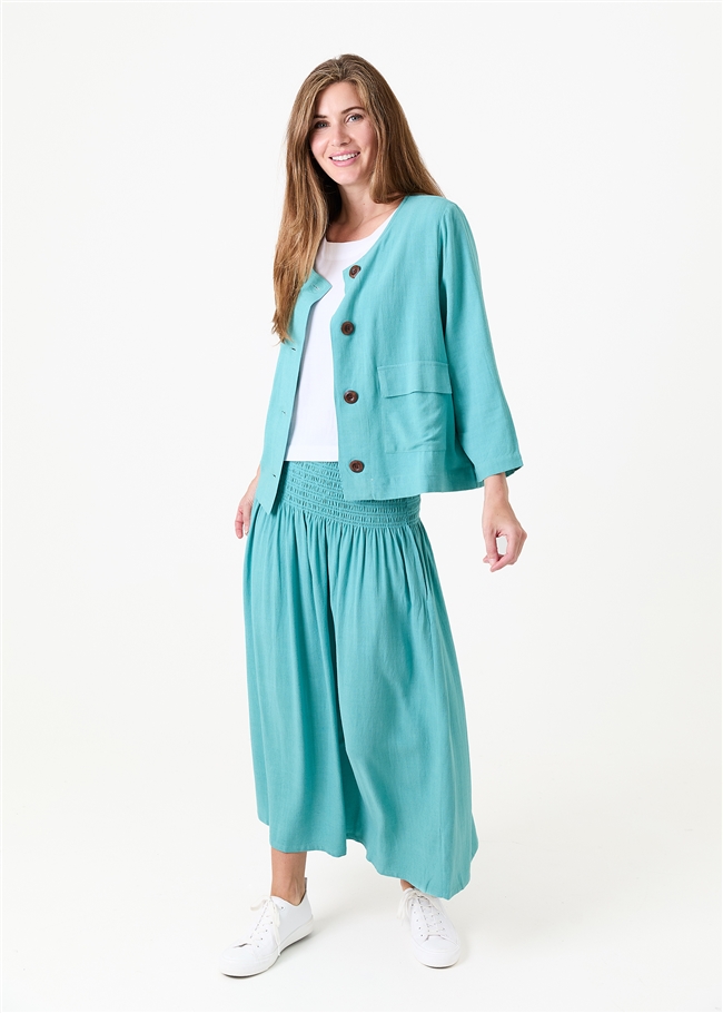 Linen Viscose Shirred Waist A-Line Maxi Skirt