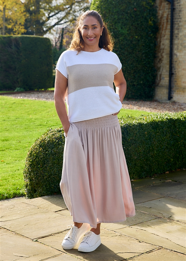 Linen Viscose Shirred Waist A-Line Maxi Skirt