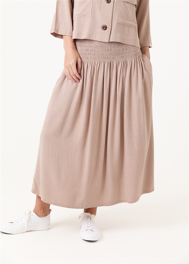 Linen Viscose Shirred Waist A-Line Maxi Skirt