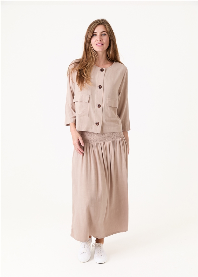 Linen Viscose Shirred Waist A-Line Maxi Skirt