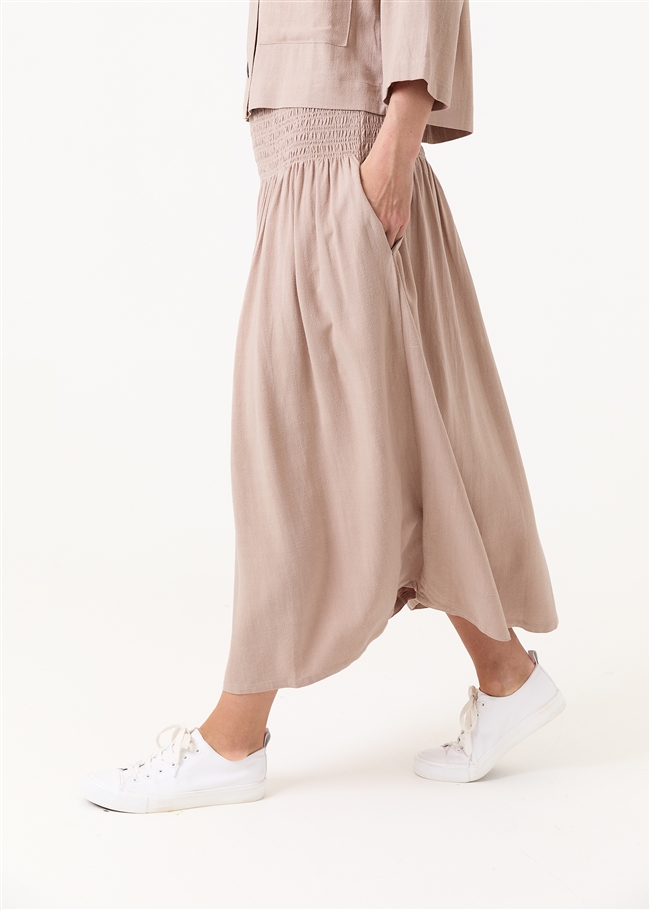 Linen Viscose Shirred Waist A-Line Maxi Skirt