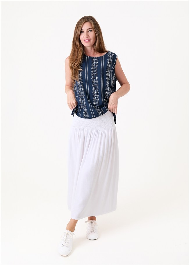 Linen Viscose Shirred Waist A-Line Maxi Skirt