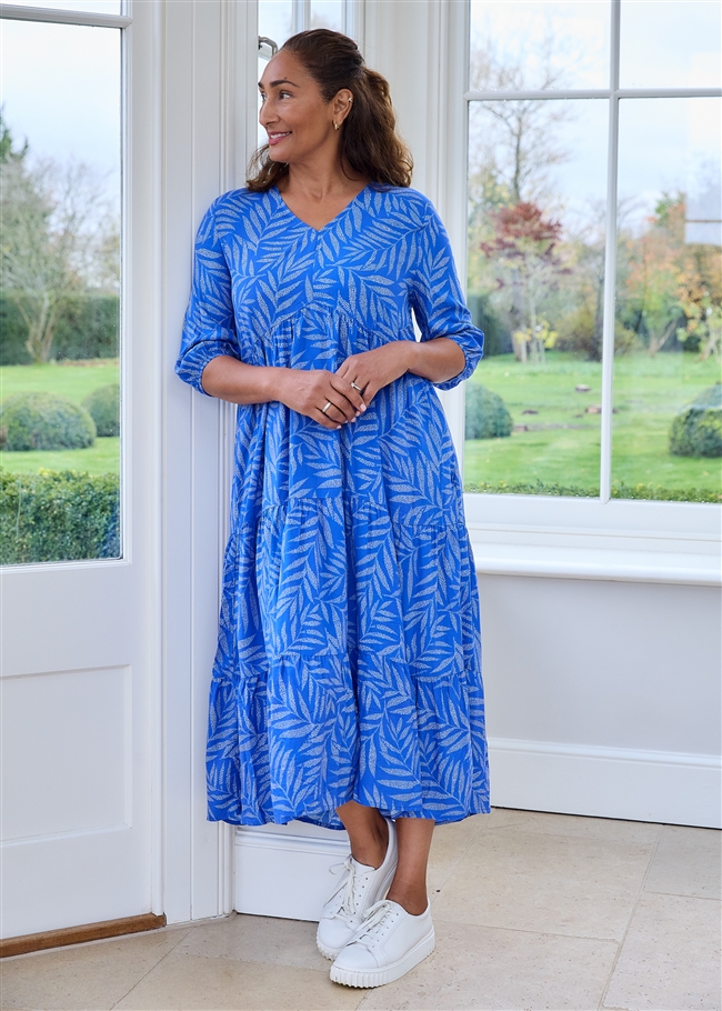 Dotty Tropical Palm Tiered Dress - Royal Blue - front view
