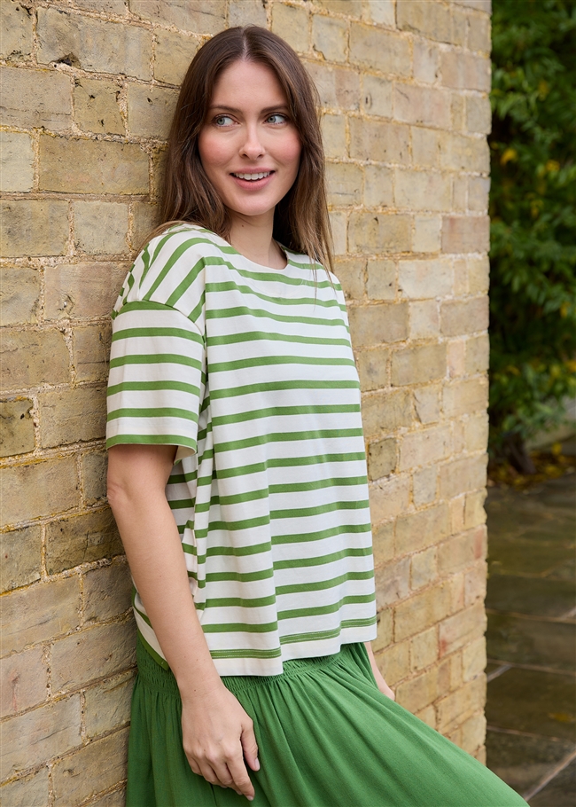 Cotton Stripe Wide Neck Boxy T-Shirt - Basil Green - side body view