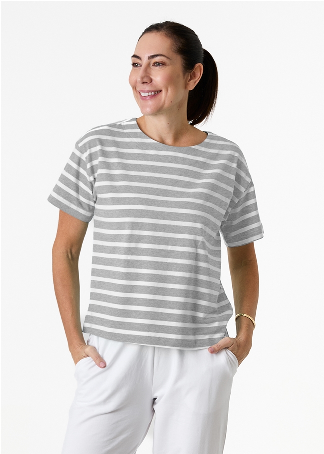 Cotton Stripe Wide Neck Boxy T-Shirt