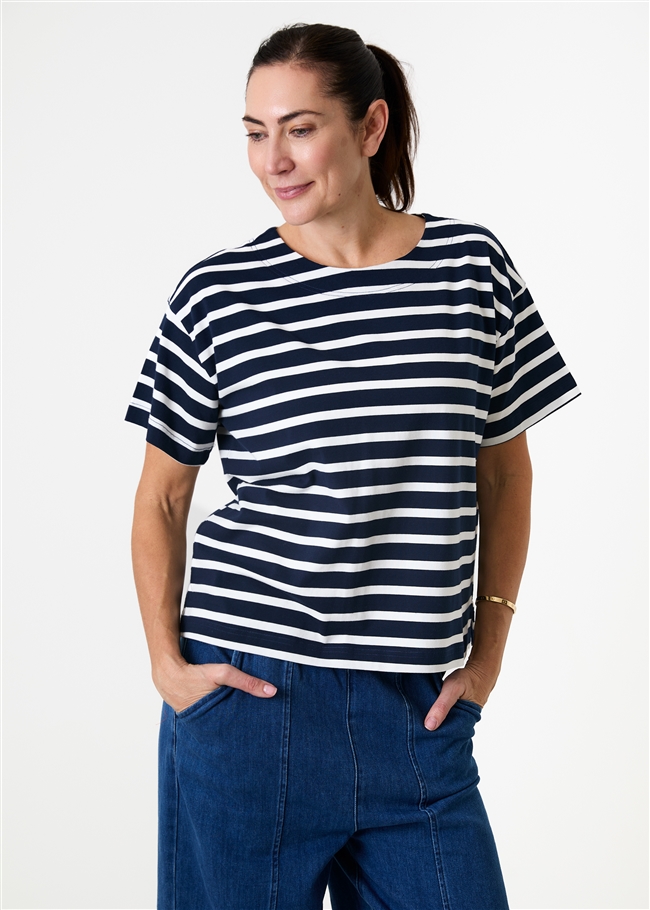 Cotton Stripe Wide Neck Boxy T-Shirt