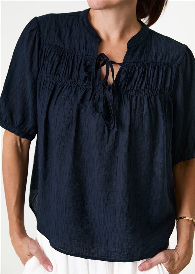 Textured Nehru Tie Neck Shirred Blouse