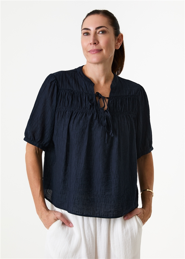 Textured Nehru Tie Neck Shirred Blouse