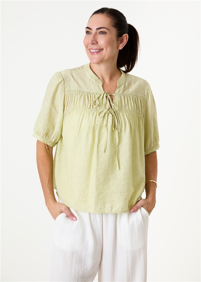 Textured Nehru Tie Neck Shirred Blouse