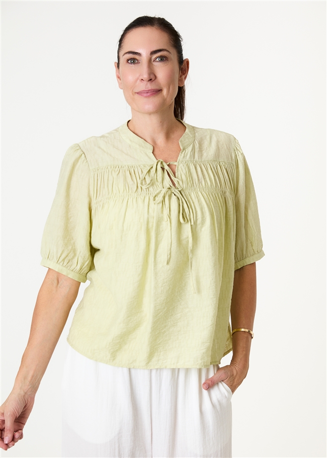 Textured Nehru Tie Neck Shirred Blouse