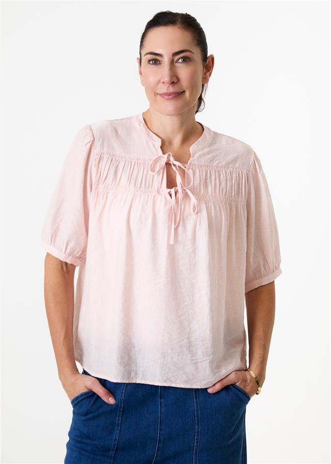 Textured Nehru Tie Neck Shirred Blouse