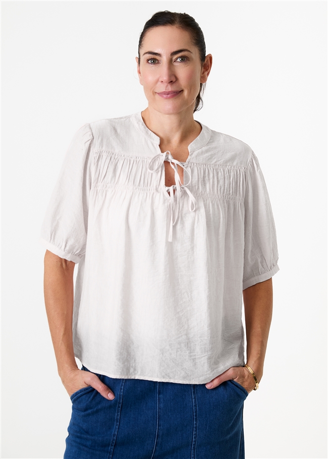 Textured Nehru Tie Neck Shirred Blouse