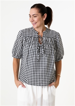 Gingham Nehru Tie Neck Shirred Blouse - Black - front view