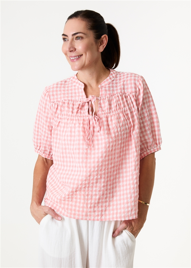 Gingham Nehru Tie Neck Shirred Blouse