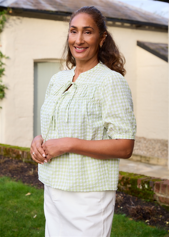 Gingham Nehru Tie Neck Shirred Blouse - Pistachio - front view