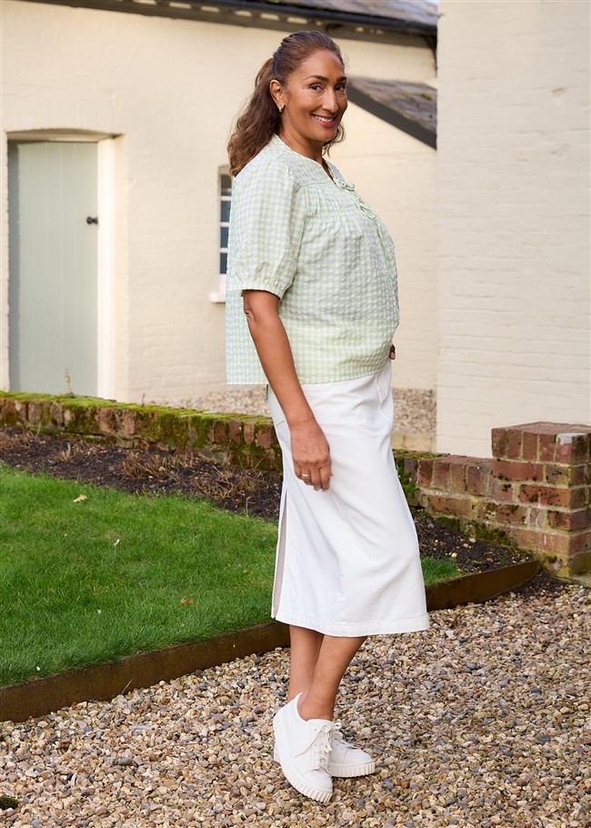 Gingham Nehru Tie Neck Shirred Blouse