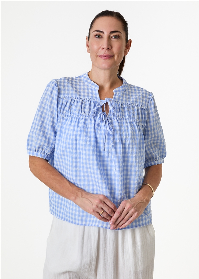 Gingham Nehru Tie Neck Shirred Blouse