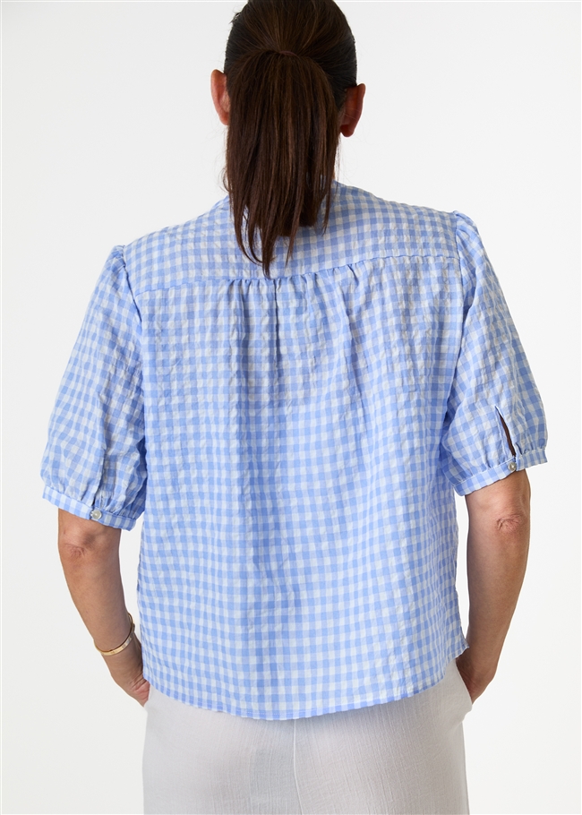 Gingham Nehru Tie Neck Shirred Blouse