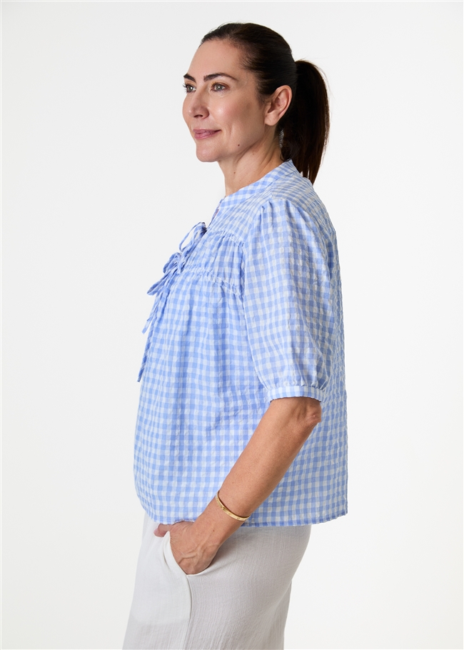 Gingham Nehru Tie Neck Shirred Blouse