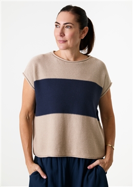 Cotton Mix Block Stripe Sleeveless Jumper - Stone - front view