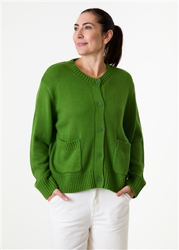 Cotton Mix Crew Neck Patch Pocket Cardigan - Basil Green - front view