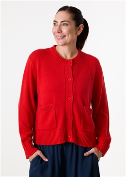 Cotton Mix Crew Neck Patch Pocket Cardigan - Poppy Red - front view