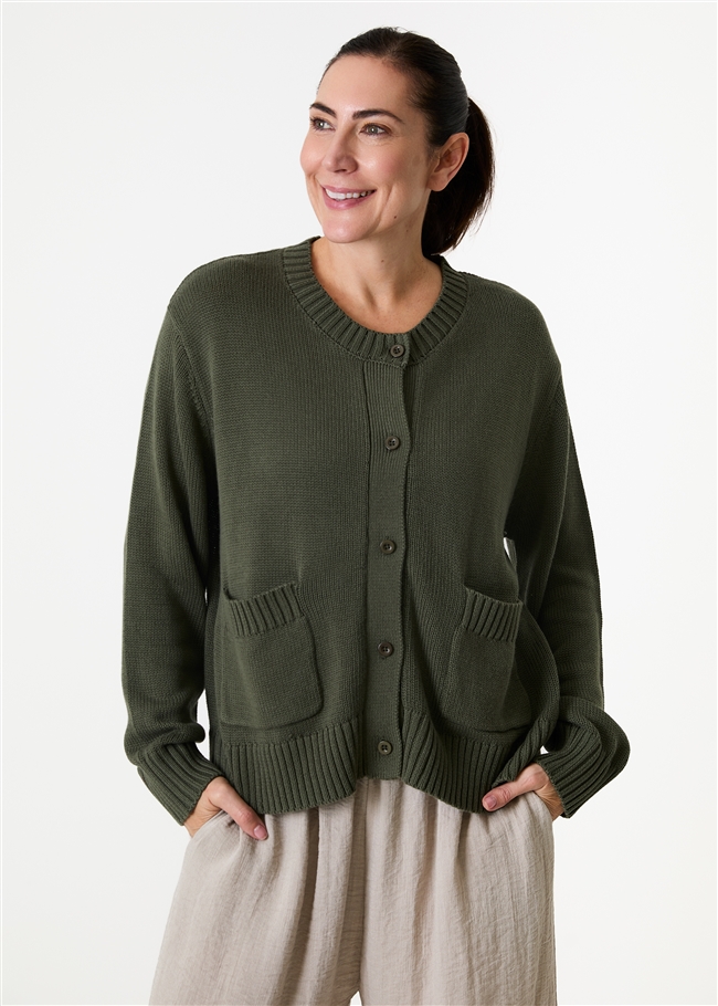 Cotton Mix Crew Neck Patch Pocket Cardigan