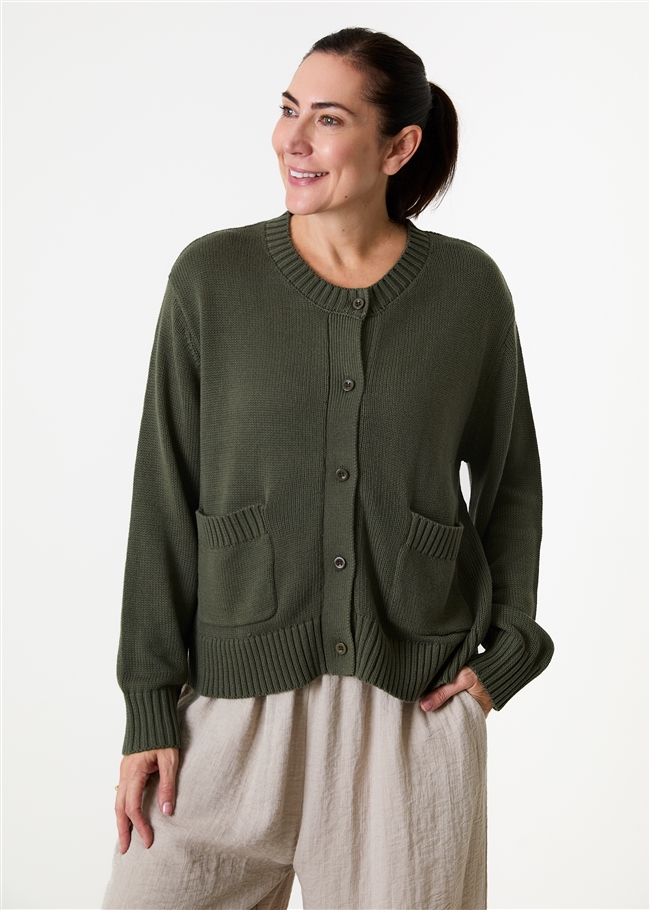 Cotton Mix Crew Neck Patch Pocket Cardigan