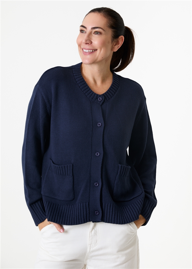 Cotton Mix Crew Neck Patch Pocket Cardigan