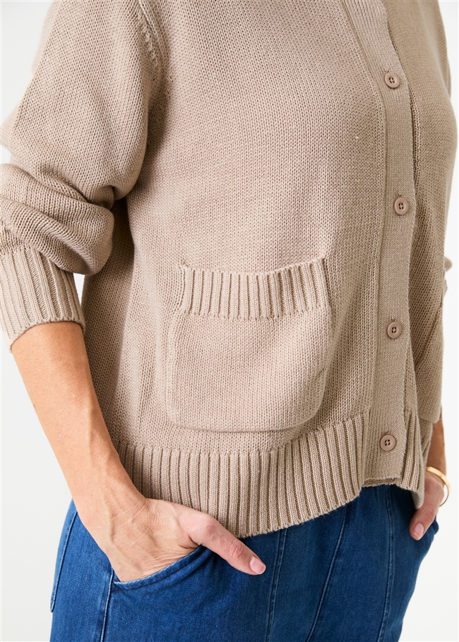 Cotton Mix Crew Neck Patch Pocket Cardigan