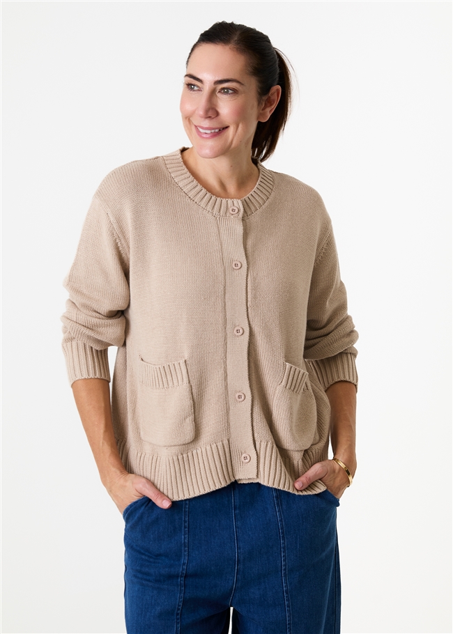 Cotton Mix Crew Neck Patch Pocket Cardigan