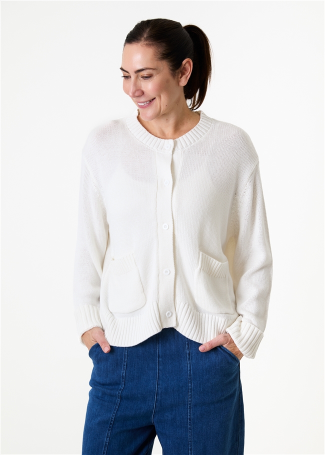Cotton Mix Crew Neck Patch Pocket Cardigan