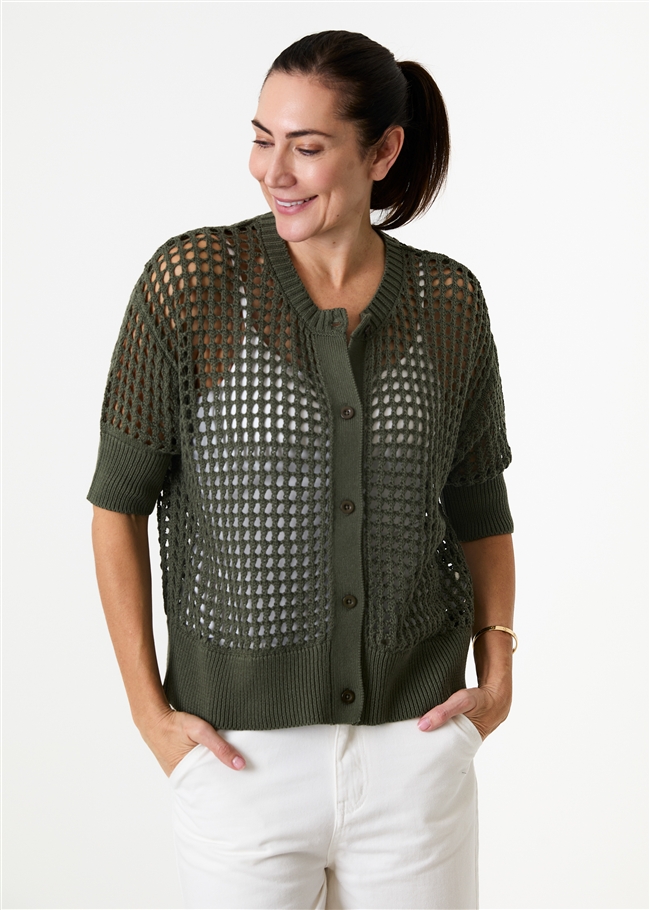 Cotton Mix Crew Neck Holes Cardigan