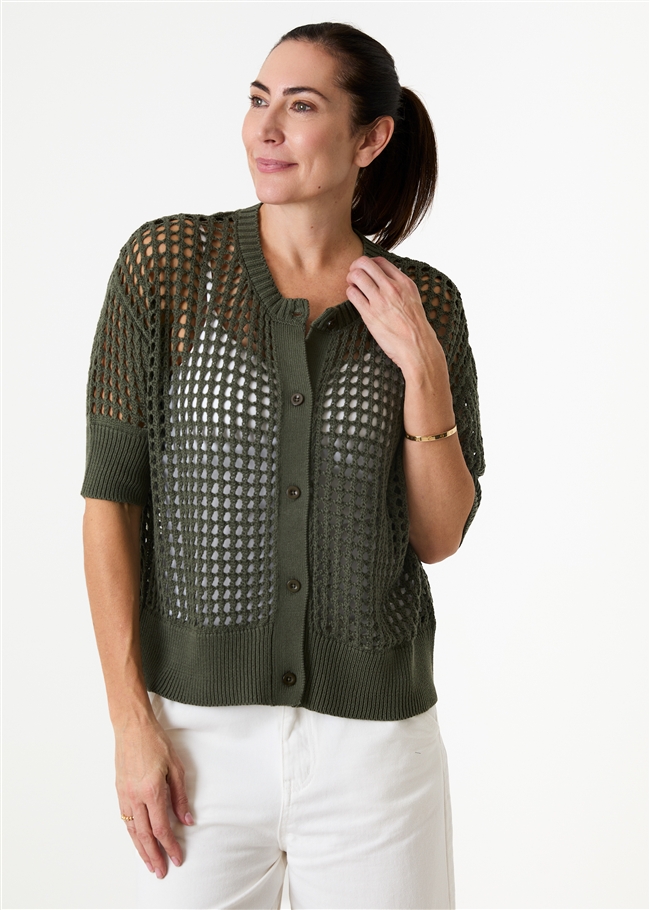 Cotton Mix Crew Neck Holes Cardigan