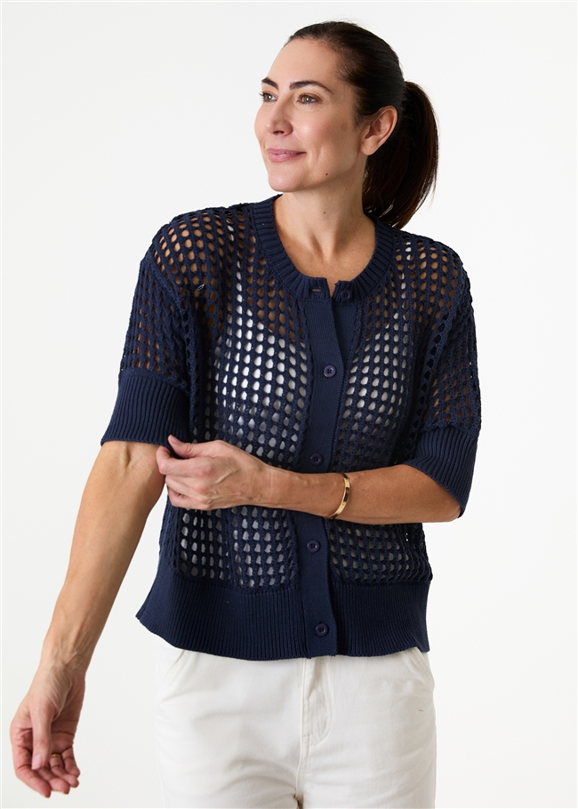 Cotton Mix Crew Neck Holes Cardigan